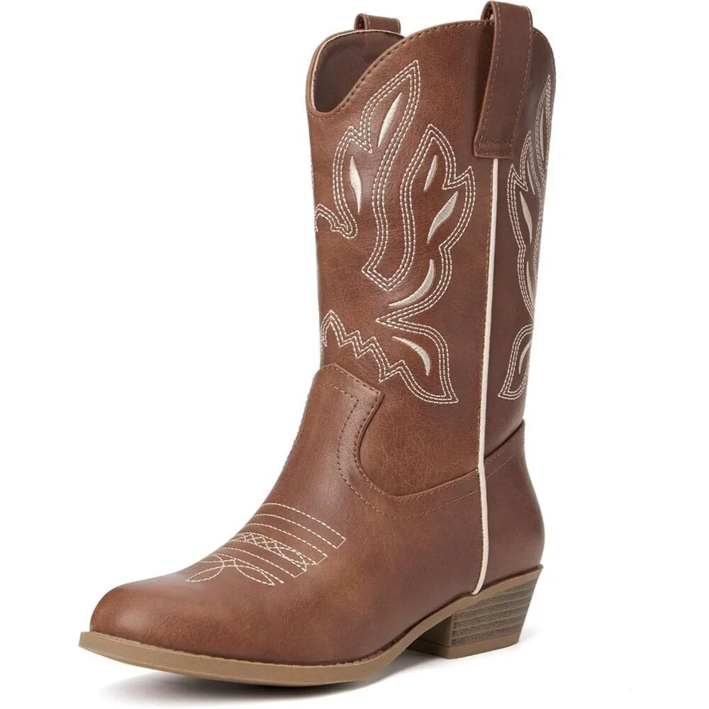 ⚡Kid Brown Polyurethane Cowboy Pointed Toe Mid-Calf Embroidered Side Zipper Boot